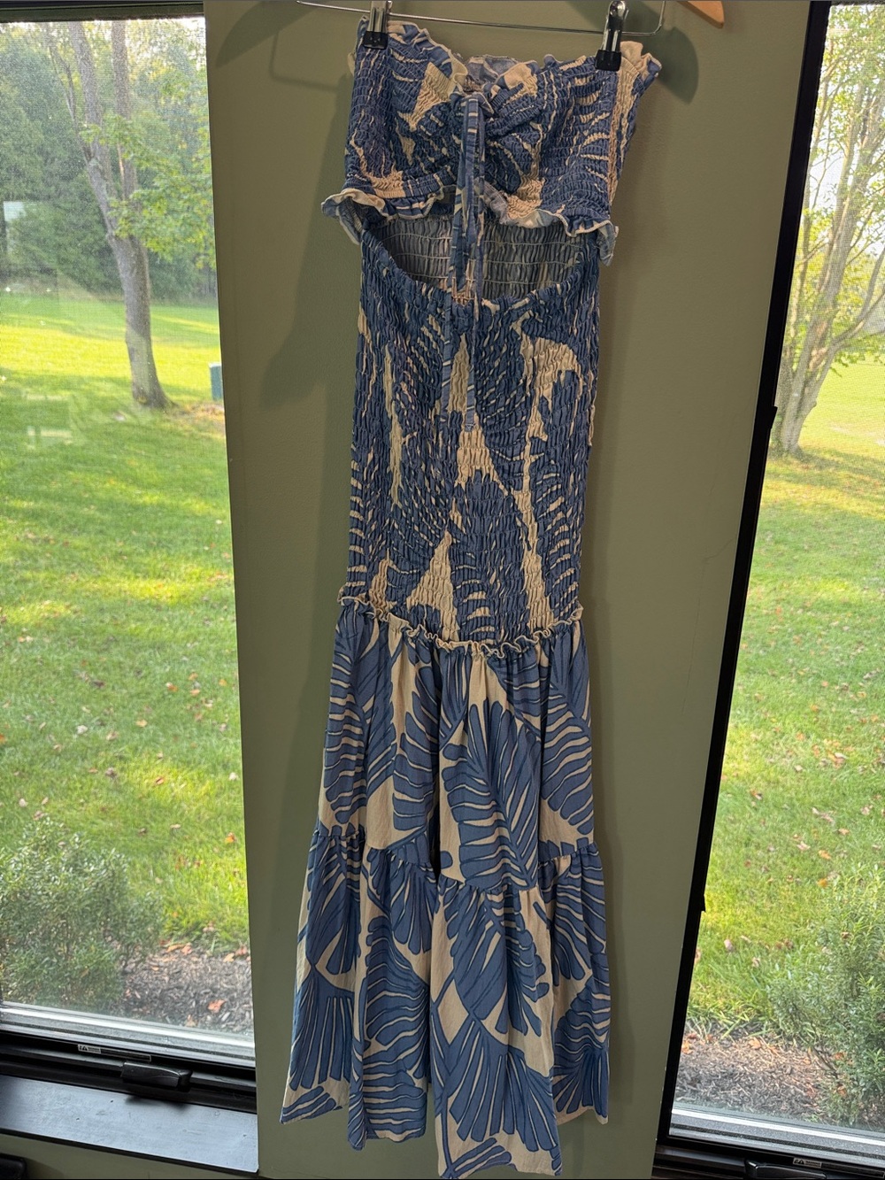 Smocked Strapless Blue & White Leaf-Print Maxi Dress